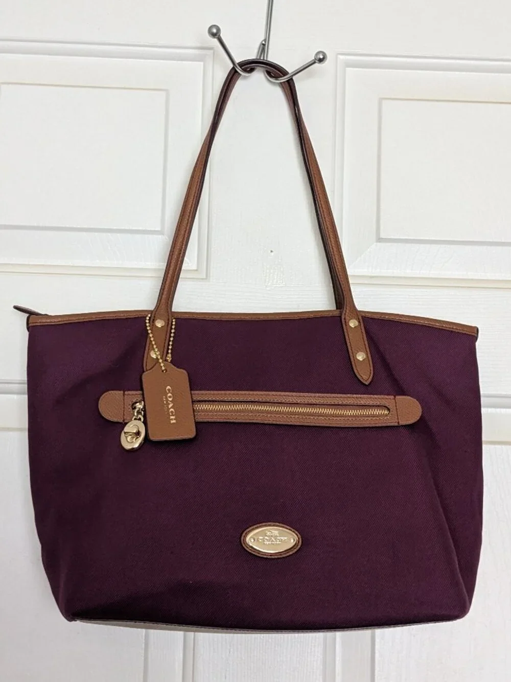 Coach Sawyer Plum Canvas & Leather Tote Bag Gold Hardware Charm Purple